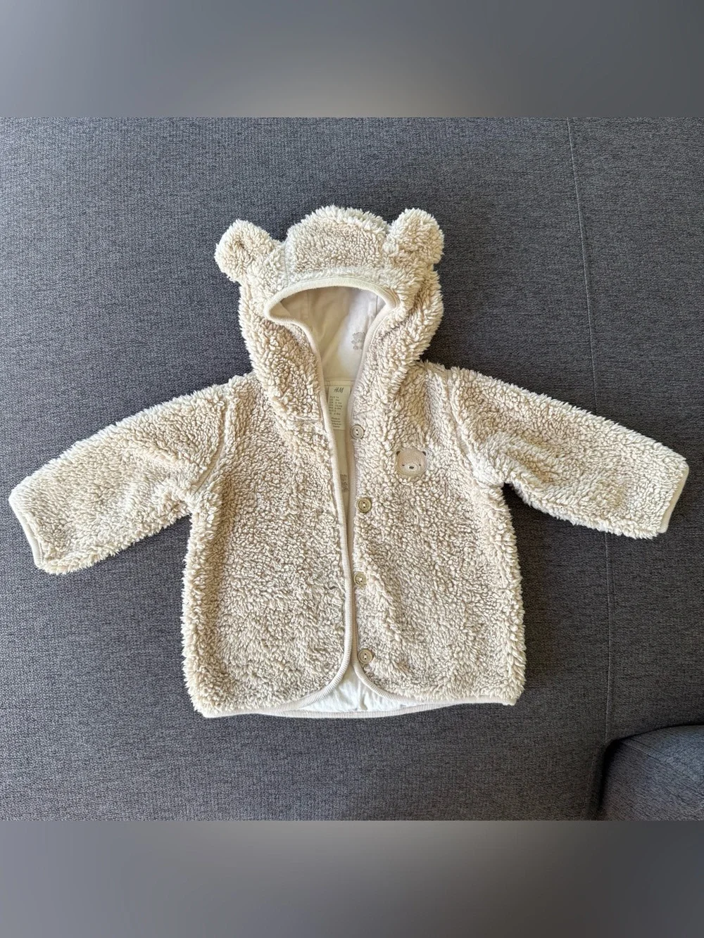 H&M Neutral Cream Beige Sherpa Baby Jacket Fleece Teddy Bear Ears Baby Boy 9M